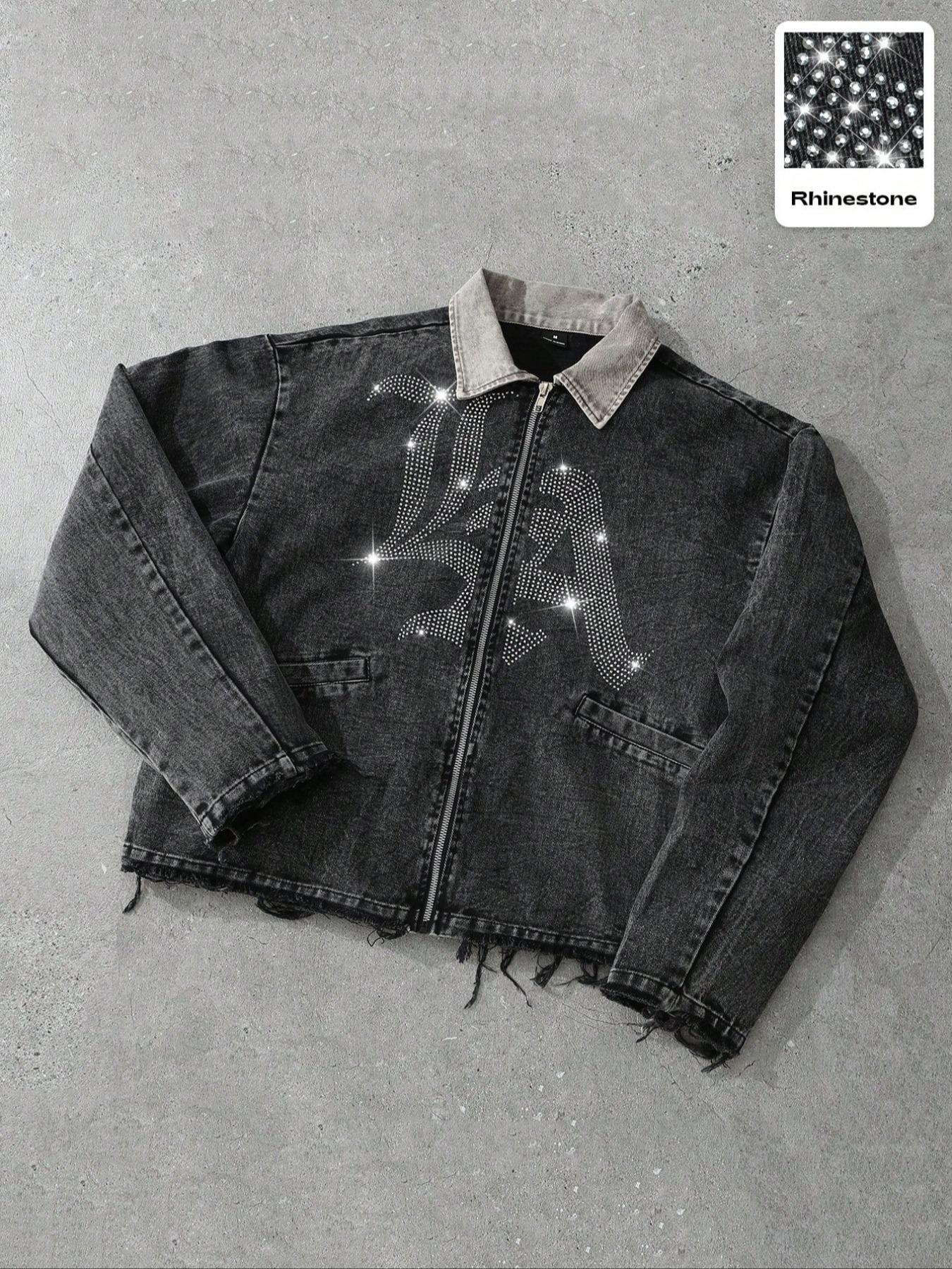 Men's Fashion Distressed Denim Jacket, Rhinestone Letter Print, Casual Street Style, Commuter Mood, Vintage Rocker Jacket, Star Design, Long Sleeves