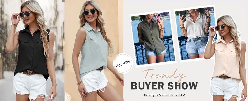 Imily Bela Women's Solid Lapel Sleeveless Tank Tops Button Down Shirts Office Ladies Shirts