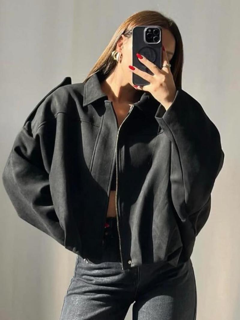 Women's Cropped Suede Jacket Demi-Season Bomber Jacket Female Outerwears Street Long Sleeve Oversized Black Brown Green Red Jacket Woman Fashion Zip Up Short Coat
