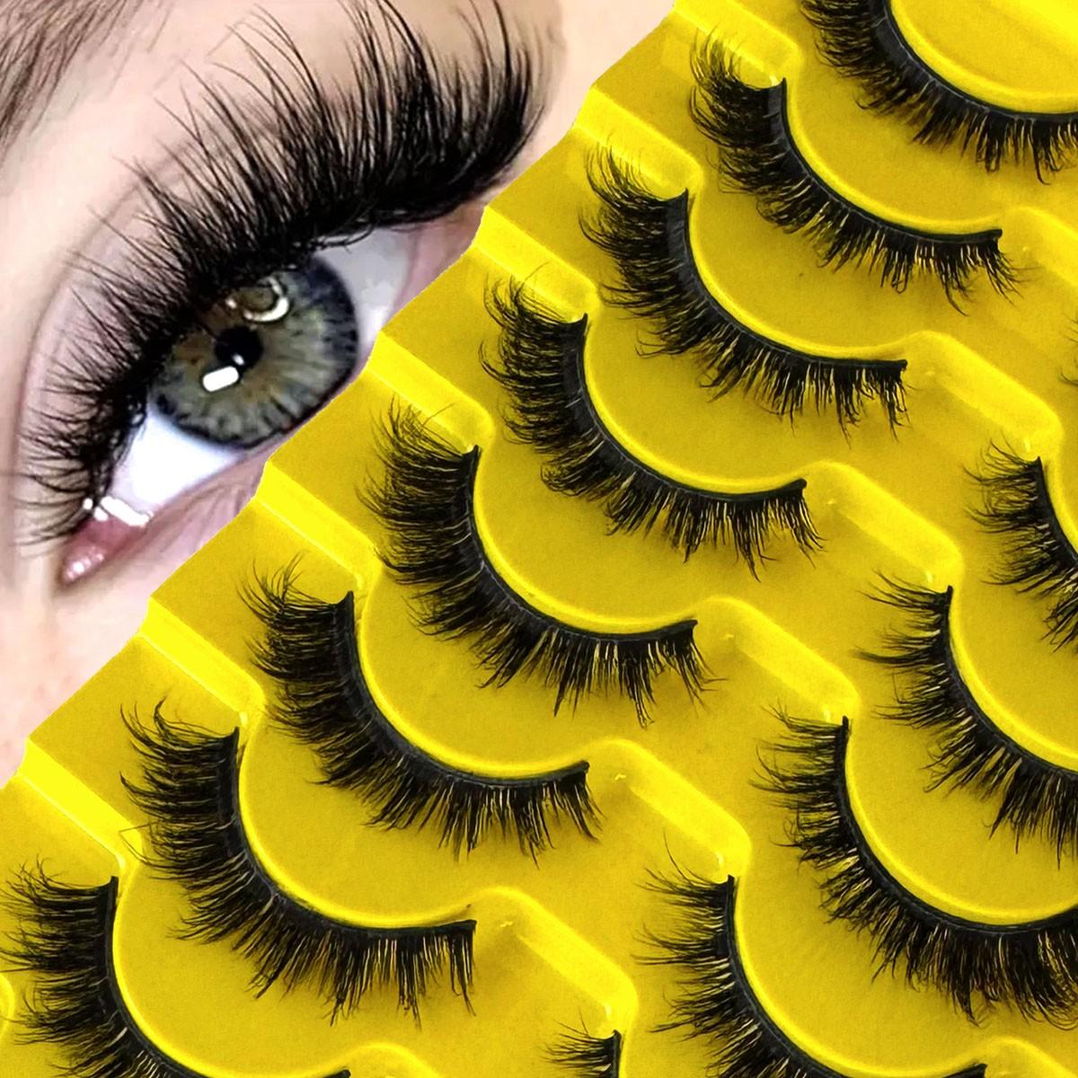 10 pairs of artificial mink false eyelashes, False Eyelash Set, 3D multi-layer fluffy eyelashes, thick and soft cat eye eyelashes, 10-18mm, suitable for beginners, reusable, black, creating a dramatic thickening effect