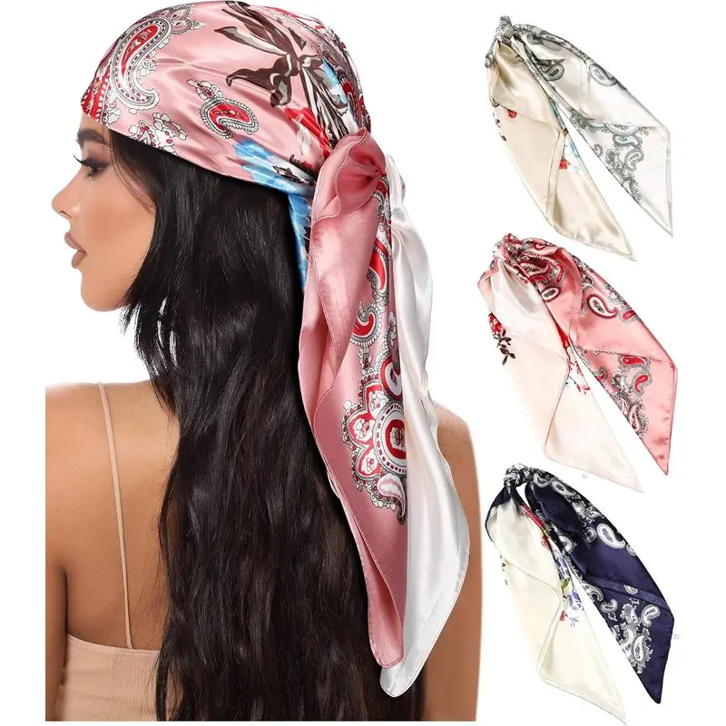 3 Pcs Satin Head Scarves for Women, 35 Inch Square Silky Hair Scarf, Soft Lightweight Head Wrap for Sleeping, Hair Protection, Styling, Neck Scarf & Fashion Accessories