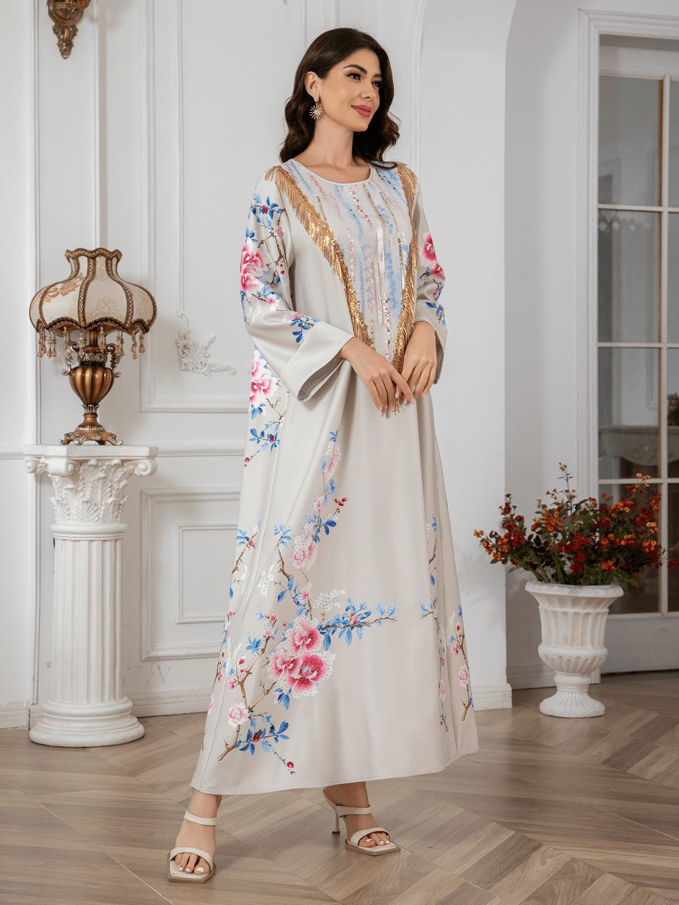 Cross - border Muslim Middle Eastern women's printed long dresses, foreign trade dresses, evening gowns with sequins