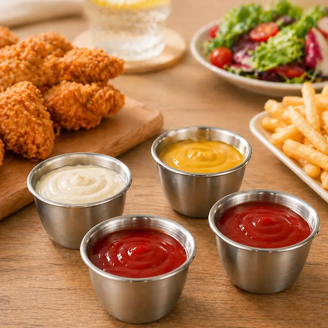 6-Pack 2.7oz Stainless Steel Sauce Cups with Lids, Leak-Proof Design, Random Colors, Ideal for Dip and Lunch Box Use
