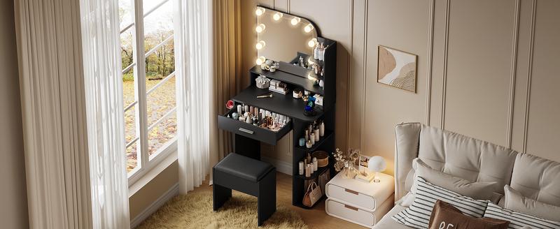 Linor Small Makeup Vanity Desk with Mirror and Lights, 26.4 Small Vanity for Small Space with Stool and Charging Station, Compact Vanity with 3 Color Lighting Modes (White)