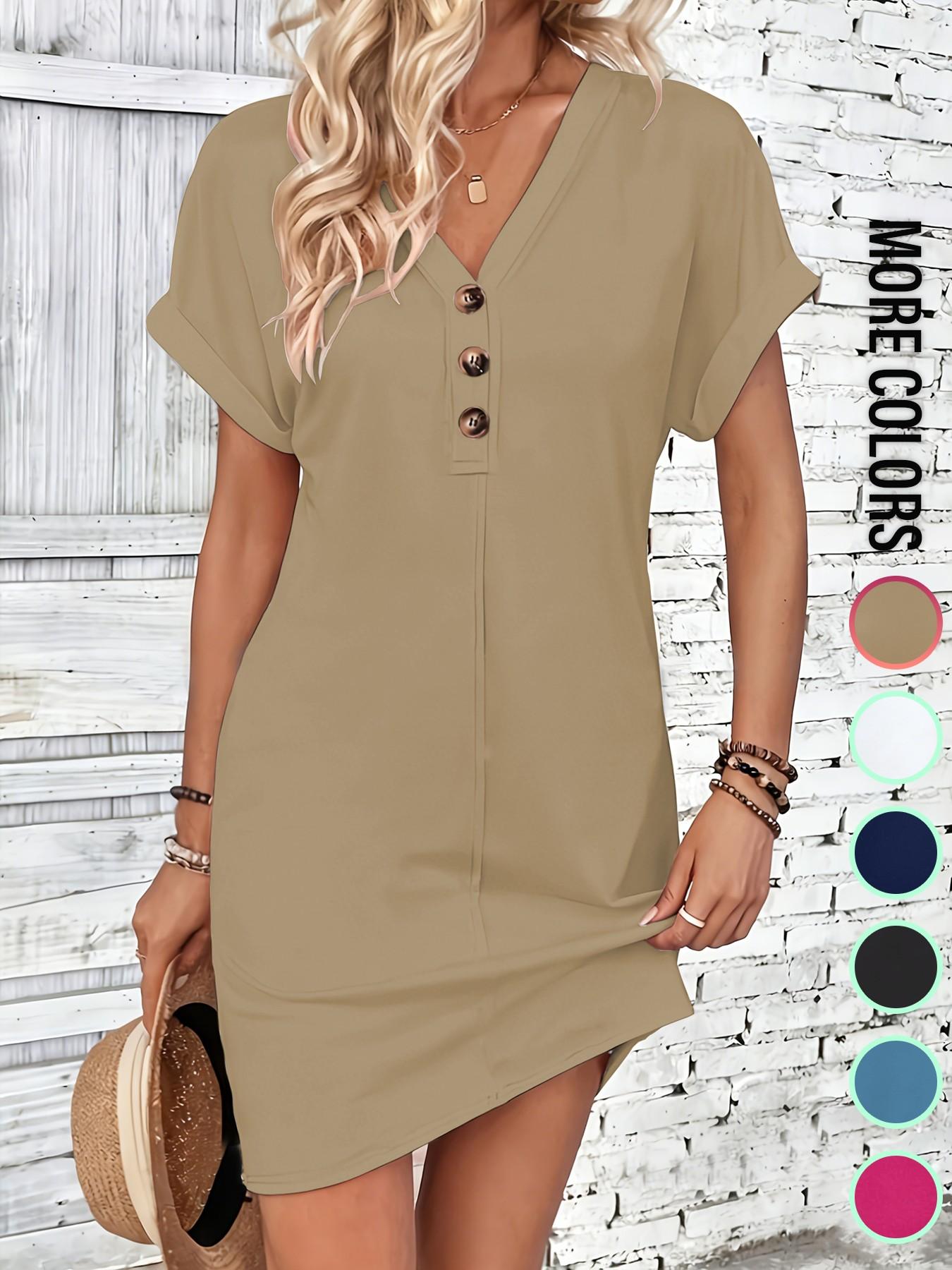 Women's Plain Button V Neck Tee Dress, Casual Short Sleeve Batwing Sleeve Short Dress for Summer, Fashion Women's Dress, Casual Wear