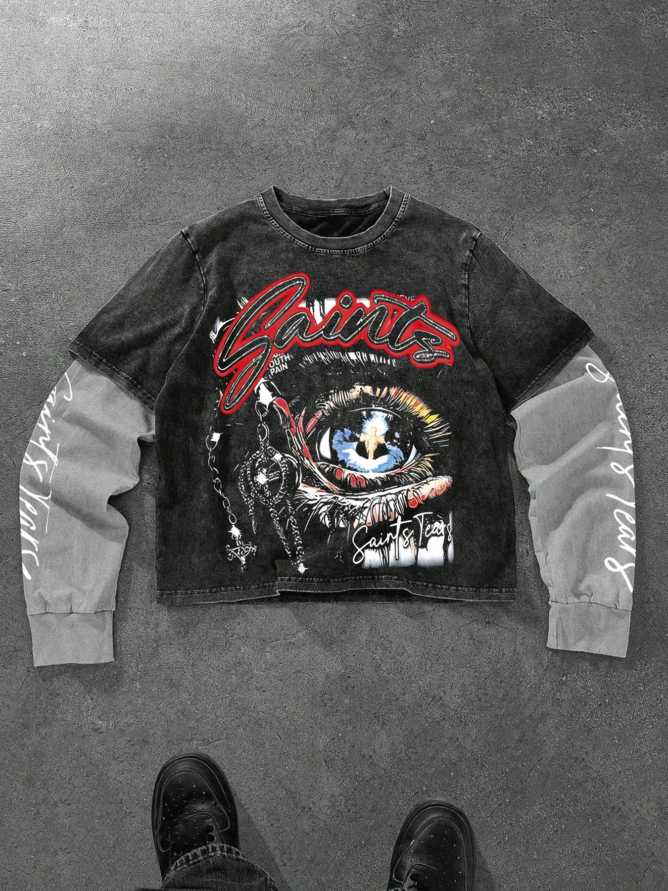 Men's Washed Cotton Mock Two-Piece Round Neck Long Sleeve Fitted Tee, with Star Print Design, a Casual and Trendy All-season Wardrobe Essential