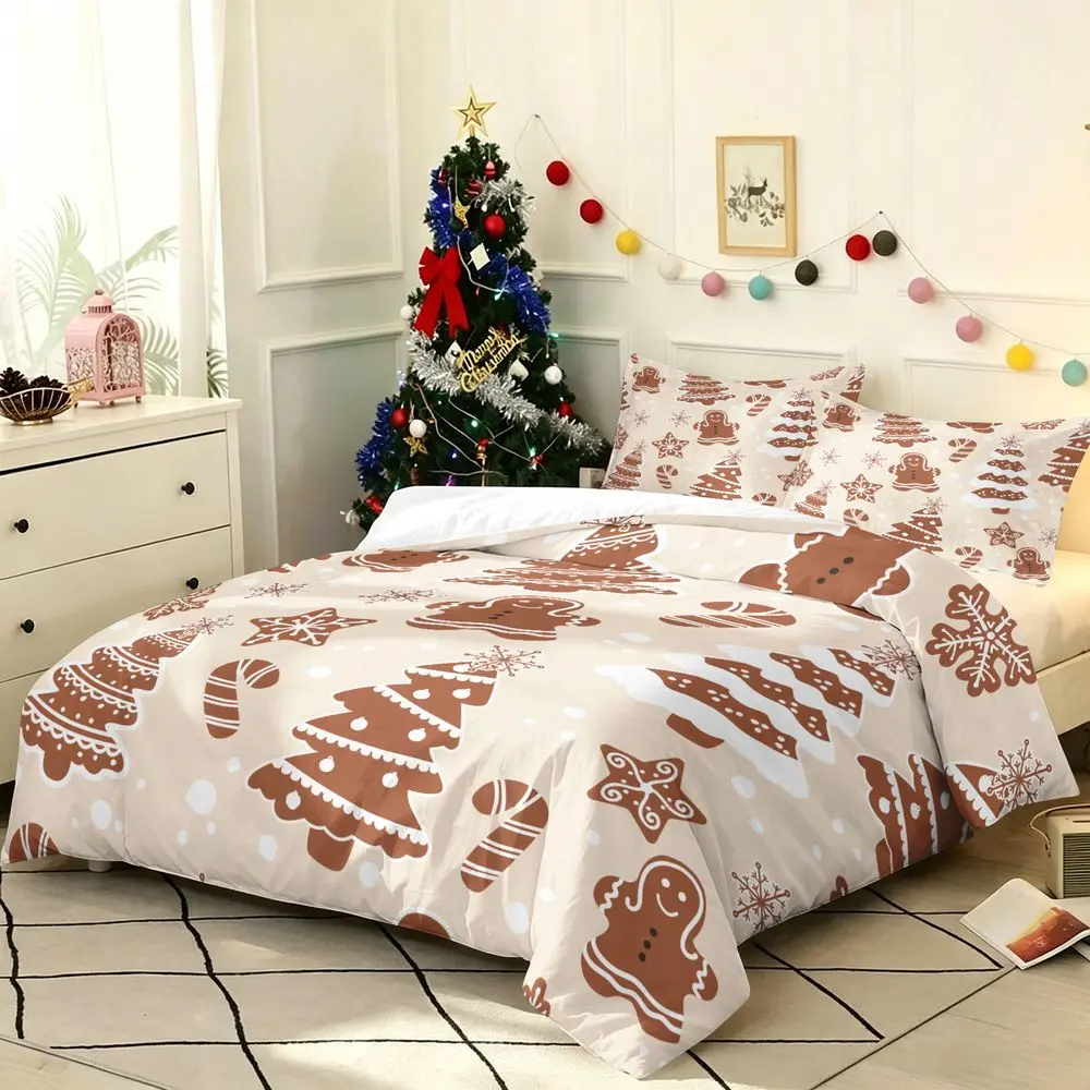 2/3Pcs Christmas Gingerbread Duvet Cover Set, Cute Winter Holiday Bedding Set with Snowflake Pattern, Soft Microfiber Bed Cover with Pillowcase, Festive Bedroom Decor for Kids Teens No Fillers