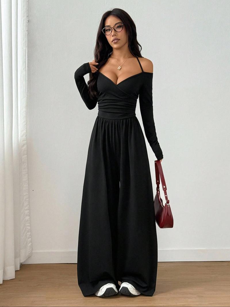 Women's Casual Solid Color Ruched Wide Leg Jumpsuit with Halter-Neck, Stylish and Comfortable Jumpsuit for Daily Wear