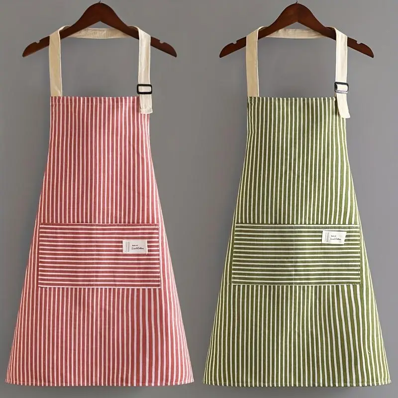 1pc, Linen Apron, Red Green White Striped Apron, Kitchen Household Adult Apron, Breathable Fashion Apron, Kitchen Supplies