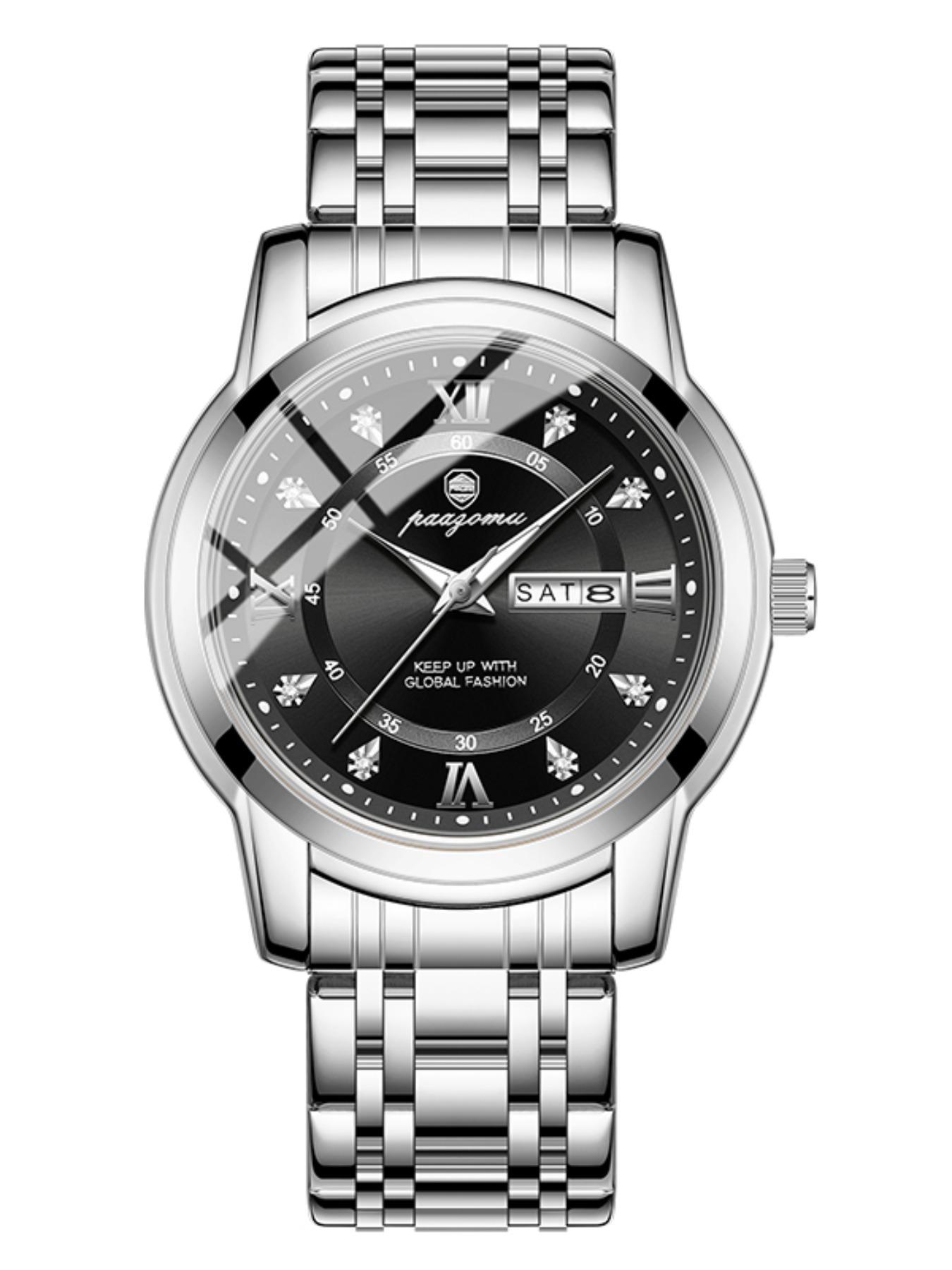 Paazomu Luxury Men's Watch, Waterproof Luminous Date, Stainless Steel Sport Fashion, Quartz Watch for Men, Stylish Male Clock