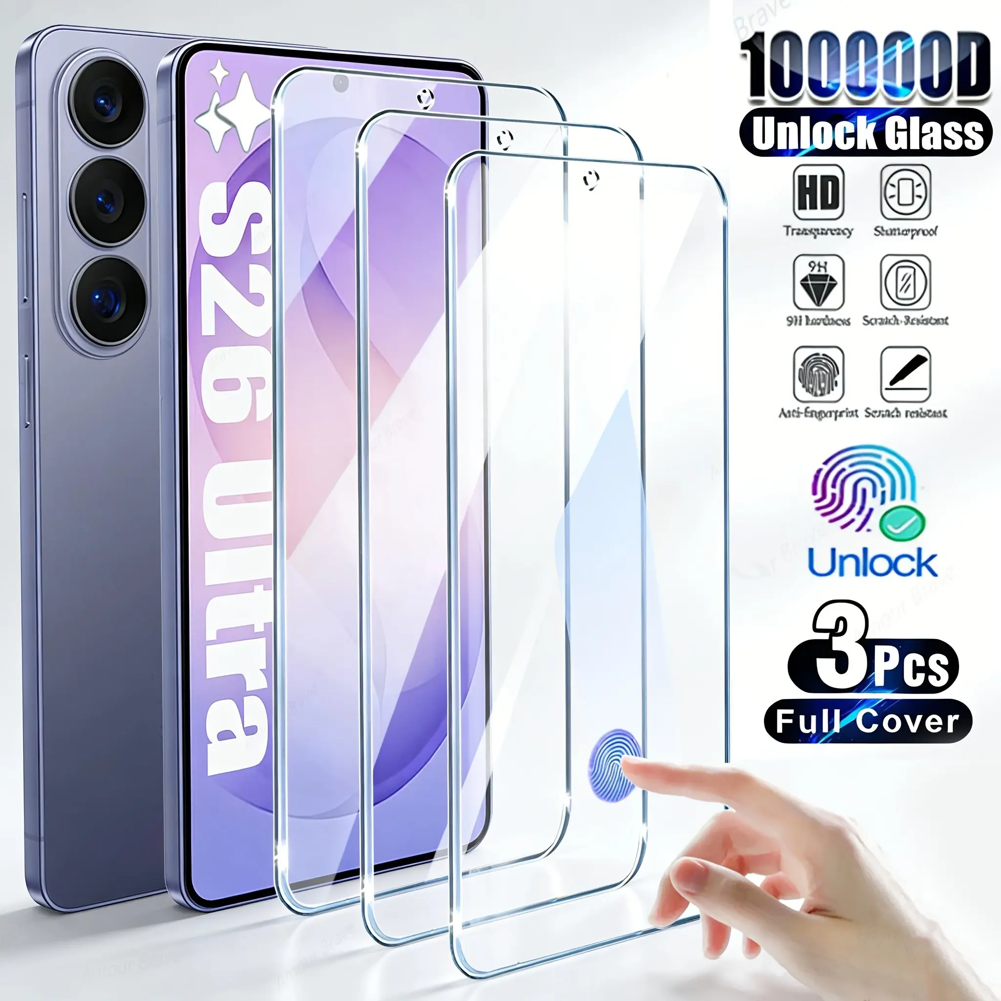 3-Pack 9D Fingerprint Unlock Tempered Glass Screen Protector, compatible with Samsung Galaxy S22 5G/S22+/S23/S23+/S24/S25/S26 Plus/Ultra/S25 Edge/S25 FE/S26 FE series, featuring oleophobic coating, shatter-resistant smooth rounded edges, highly sensitive