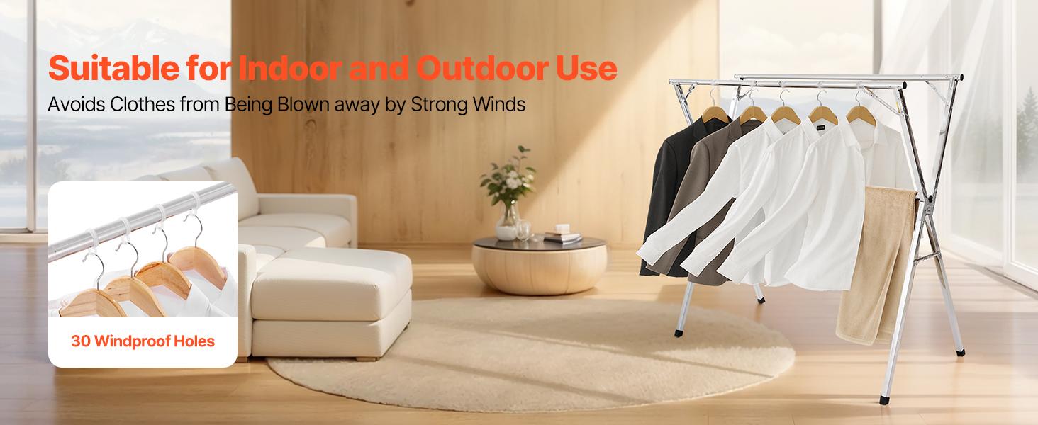 VEVOR Clothes Drying Rack, 2-Tier Telescopic Laundry Dryer Rack, Stainless Steel Drying Racks with 30 Windproof Holes and 2 Shoe Hooks, Free-Standing and Portable Hanger for Outdoor Indoor Use