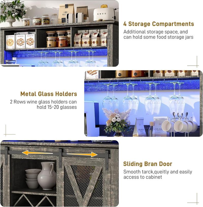 63"W/47"W/31.5"W Farmhouse Coffee Bar Cabinet with LED Light,Wine Bar Cabinet w/ Tier Storage Hutch,Kitchen Buffet Cabinet w/Sliding Barn Door & Wine and Glass Racks for Kitchen Dining Room(Brown/Antique White/Dark Rustic Oak)