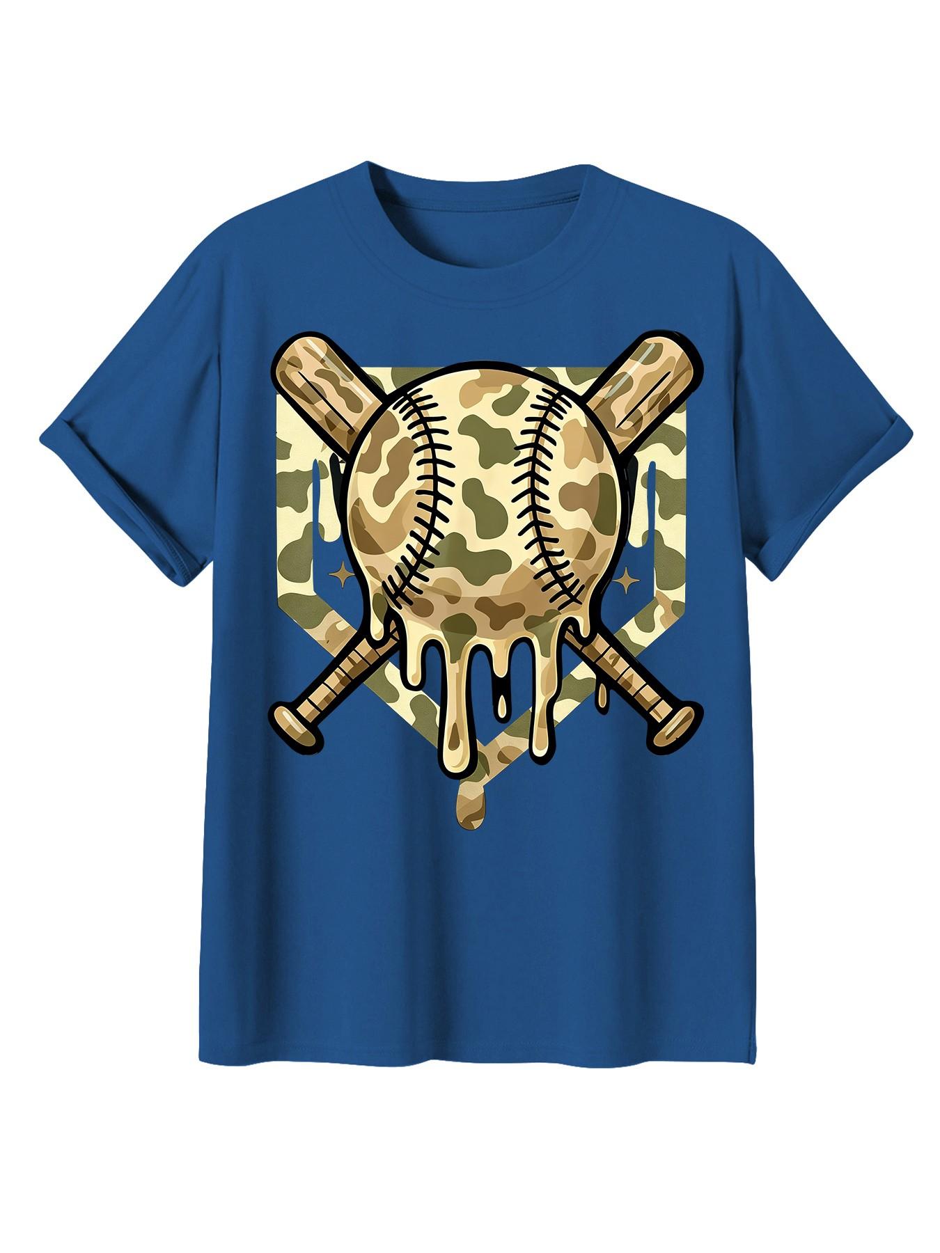 Baseball Style Ice Cream Drip Color Boy Pattern Camo T-Shirt, Fashion Casual Clothing, Ideal Gift for Sports Enthusiasts & Teens