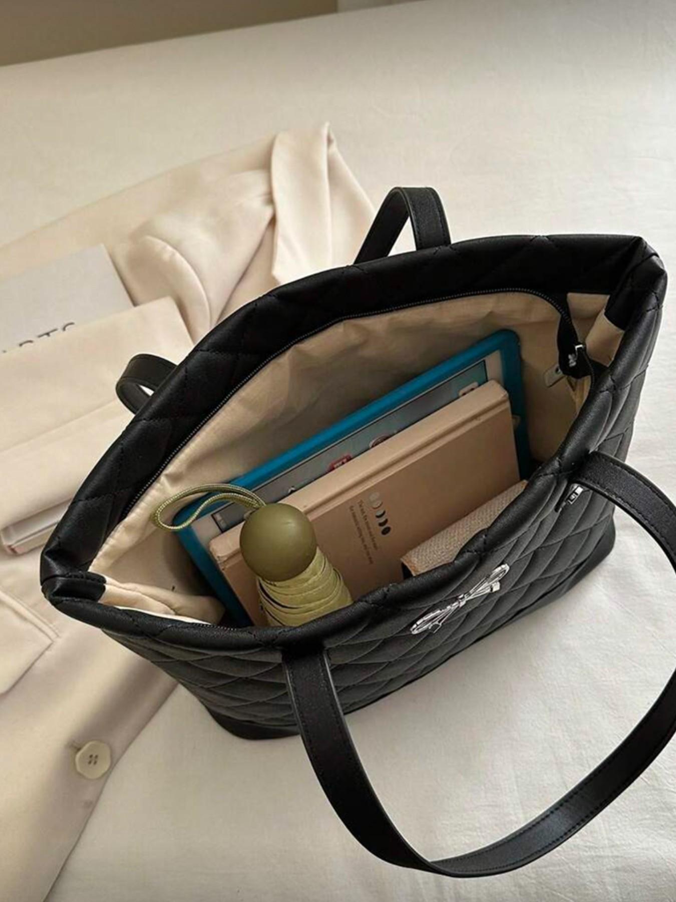 Large Capacity Diamond Pattern Solid Color Bow Handbag, Casual Simple Fashion Tote Bag, Quilted Work Bags, 2026 New Women's Stylish Bow Wallet