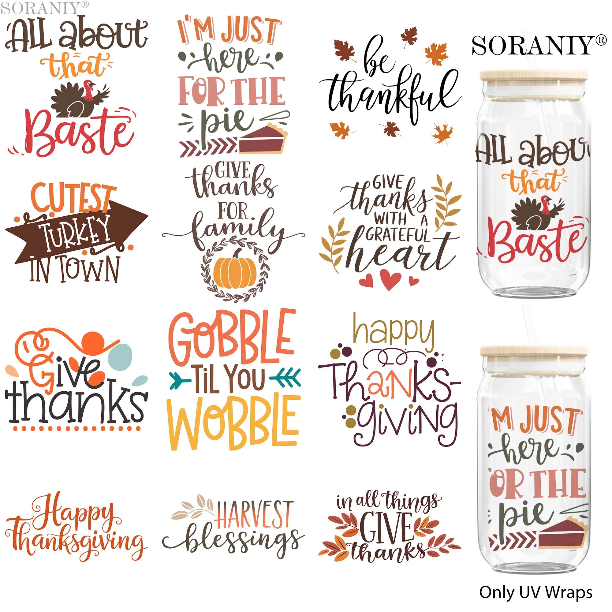 UV DTF Water Cup Transfer Stickers, 12 Thanksgiving Quotes, Waterproof, High Adhesion, DIY Decor for Cups, Bottles, Furniture, Frames