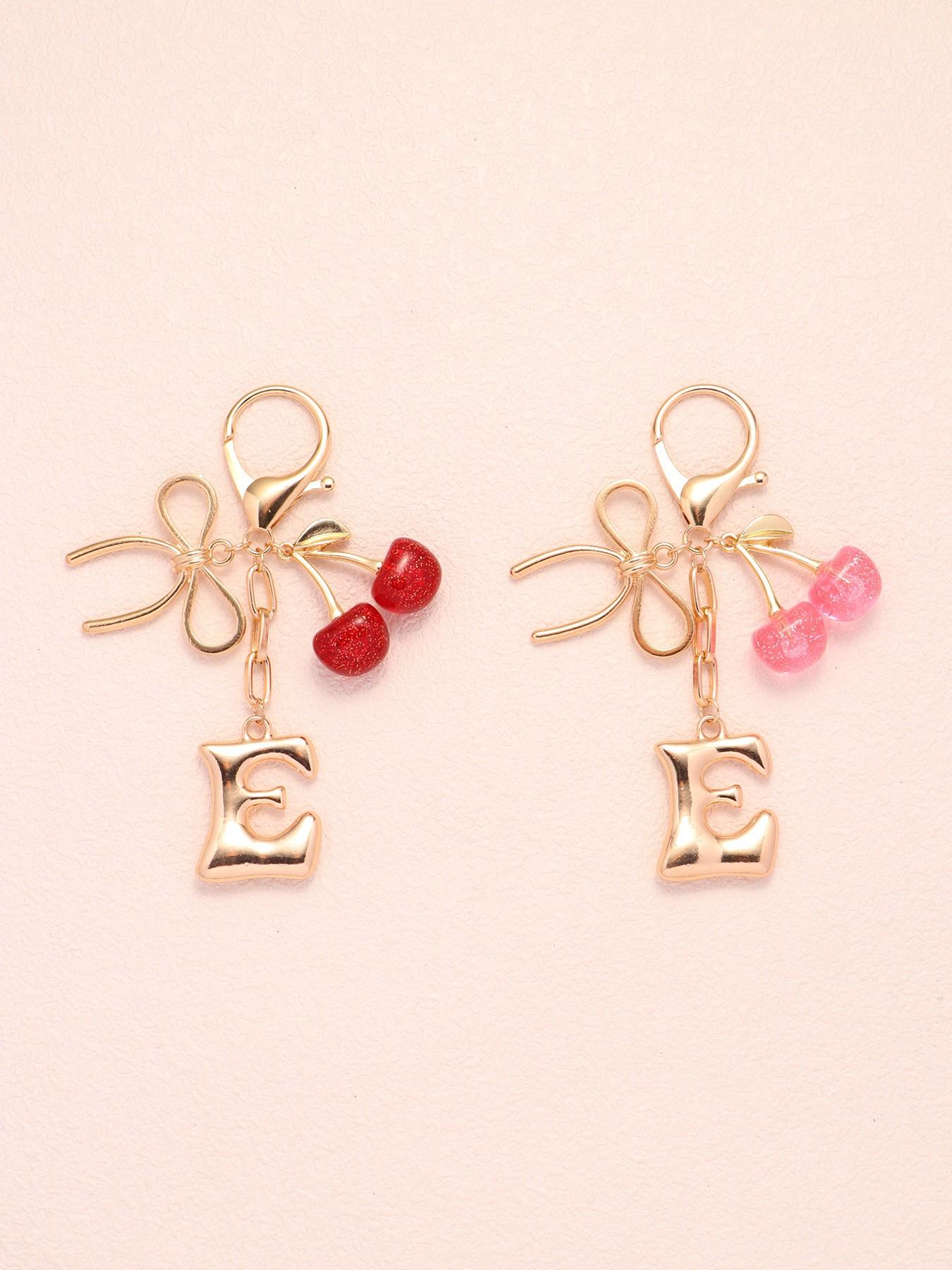 2pc Bubble Letter A-Z Keychains, Cute Initial Pendants, Metal Butterfly & Acrylic Cherry Decor, Personalized Bag Charms