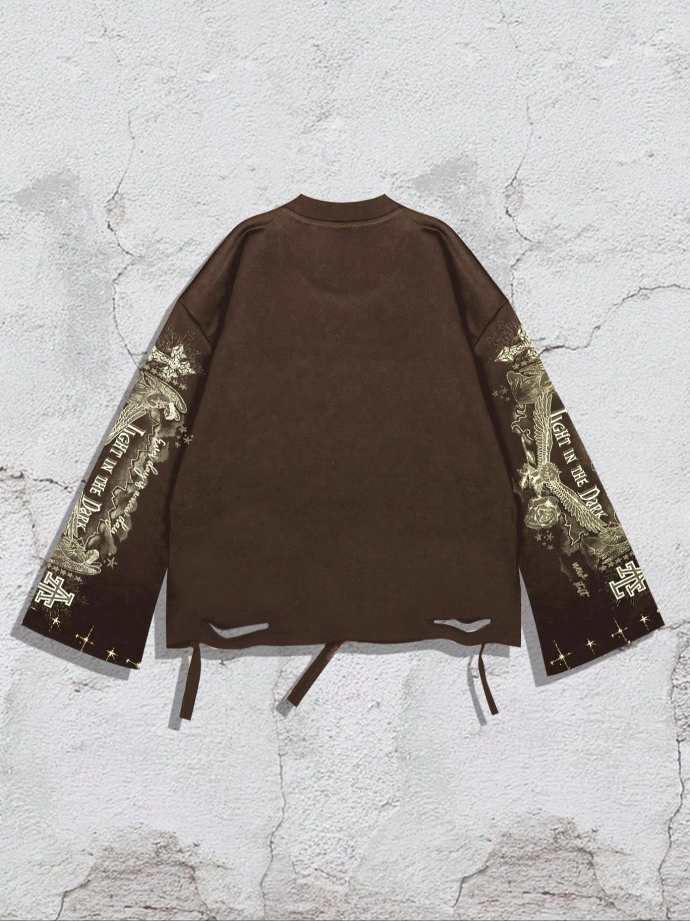 Men's Vintage Street Style Saint Print Long Sleeve Round Neck T-Shirt, Loose-Fitting Short Fit, Fall 2000s Fashion