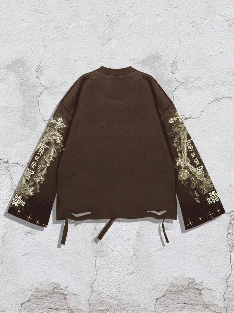 Men's Vintage Street Style Saint Print Long Sleeve Round Neck T-Shirt, Loose-Fitting Short Fit, Fall 2000s Fashion