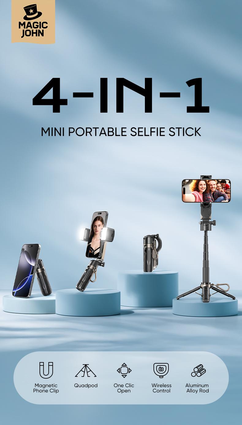 MAGIC JOHN 4-in-1 Multifunctional Magnetic Selfie Stick – 360° Rotation, Compact & Stylish, With wireless Bluetooth control, Magnetic Phone Holder for Selfies/Video Recording/Vlogging, Compatible with Most Phone Modes MAGIC JOHN 4-in-1 Multifunctional Magnetic Selfie Stick – 360° Rotation, Compact & Stylish, With wireless Bluetooth control, Magnetic Phone Holder for Selfies/Video Recording/Vlogging, Compatible with Most Phone Modes