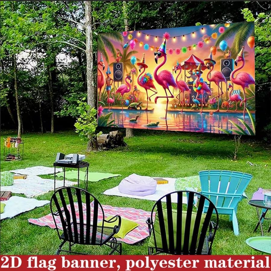 Hawaiian Bright Flamingo Party Backdrop Banner, Tropical Beach Scene, Polyester Material, Festive Decor for Summer Parties