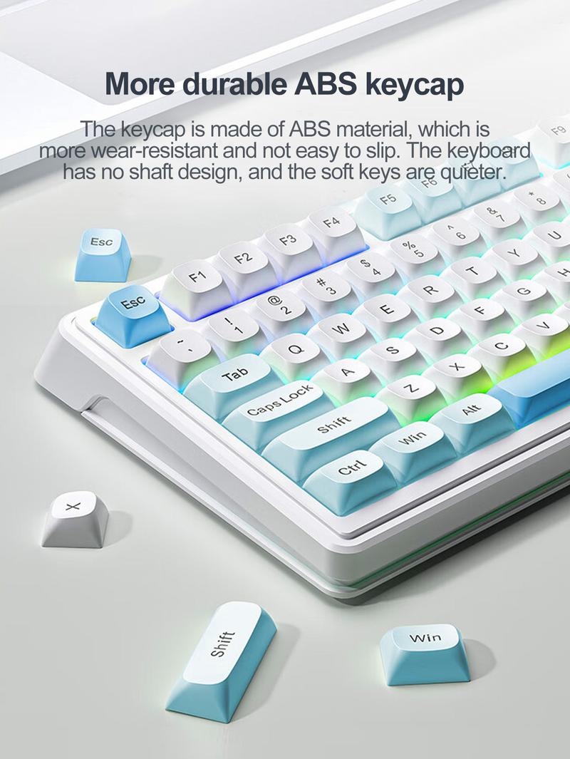 AULA F3099 three-mode, Rechargeable keyboard, 99-key layout, RGB lighting effects, color matching keycaps, ergonomic design, large-capacity battery, light-tone keys suitable for office use, multi-device compatible, plug-and-play, available for computer
