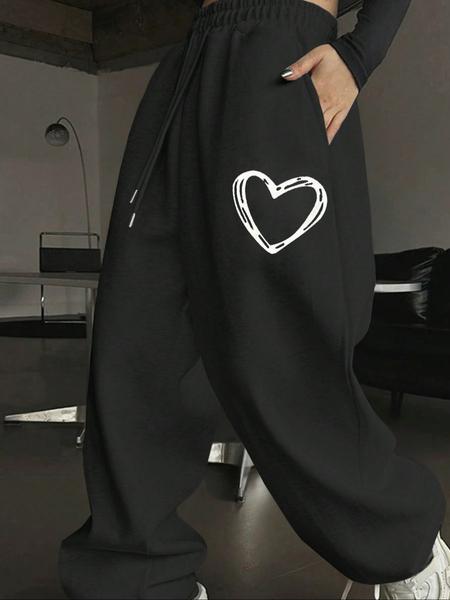 Women's Casual Sporty Long Pants, Heart Pattern Print Sweatpants, Drawstring Loose Wide Leg, All Season Fashionable Women's Clothing