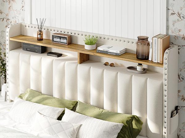 Bed Frame with 2 Storage Drawers, MATTRESS NOT INCLUDED, Bedframe with Headboard and Shelves, Upholstered  Bed Frame for Queen, King, Full, Twin, NO Noise, No Box Spring Needed, Beige, Gray