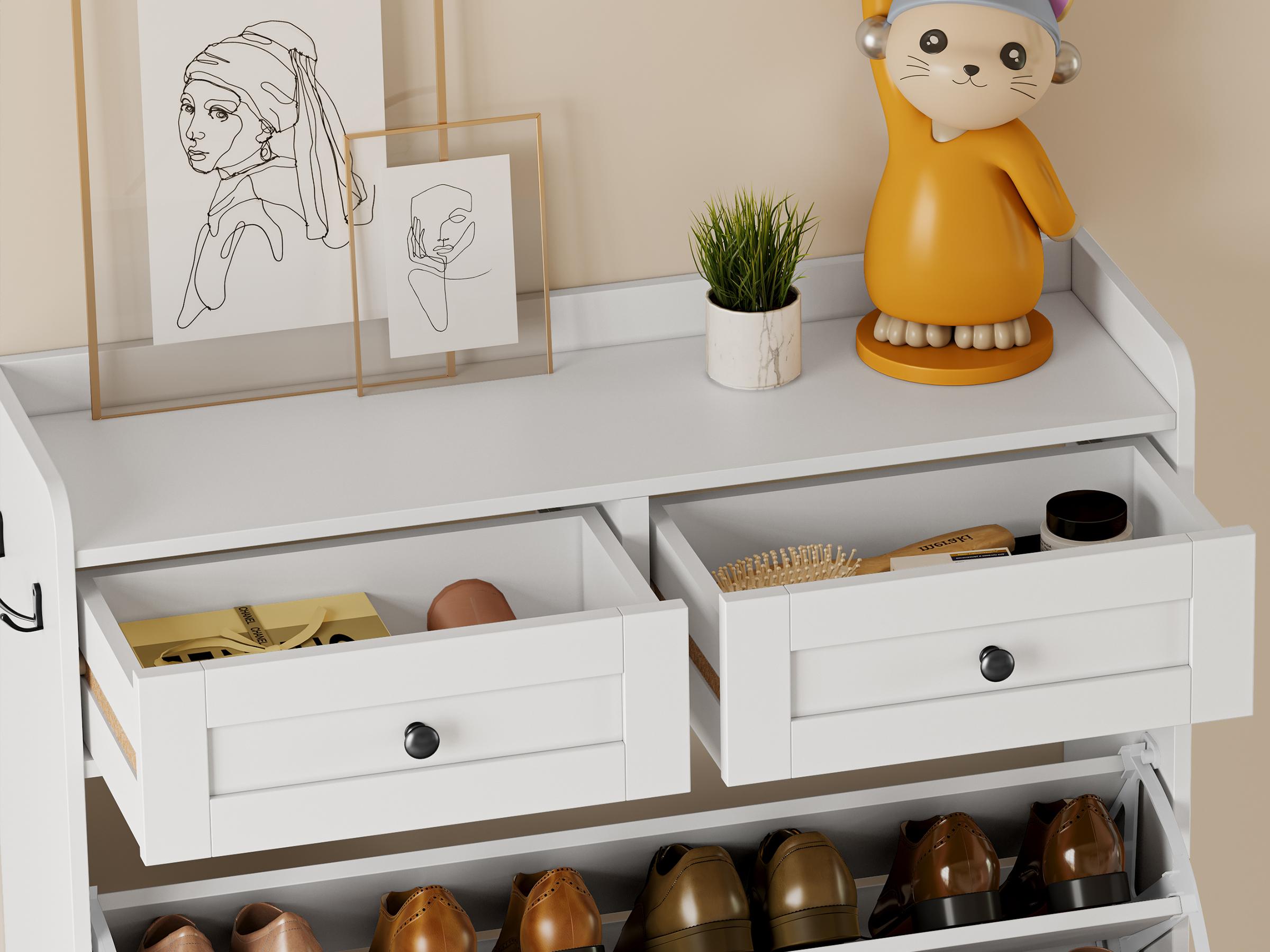 Shoe Storage Cabinet for Entryway, Farmhouse Narrow Shoe Cabinet with 2 Flip Drawers & Top Drawers, Adjustable Shelves & Hooks, Freestanding Hidden Rack Organizer for Hallway, Foyer Shoe Storage Cabinet for Entryway, Farmhouse Narrow Shoe Cabinet with 2 Flip Drawers & Top Drawers, Adjustable Shelves & Hooks, Freestanding Hidden Rack Organizer for Hallway, Foyer