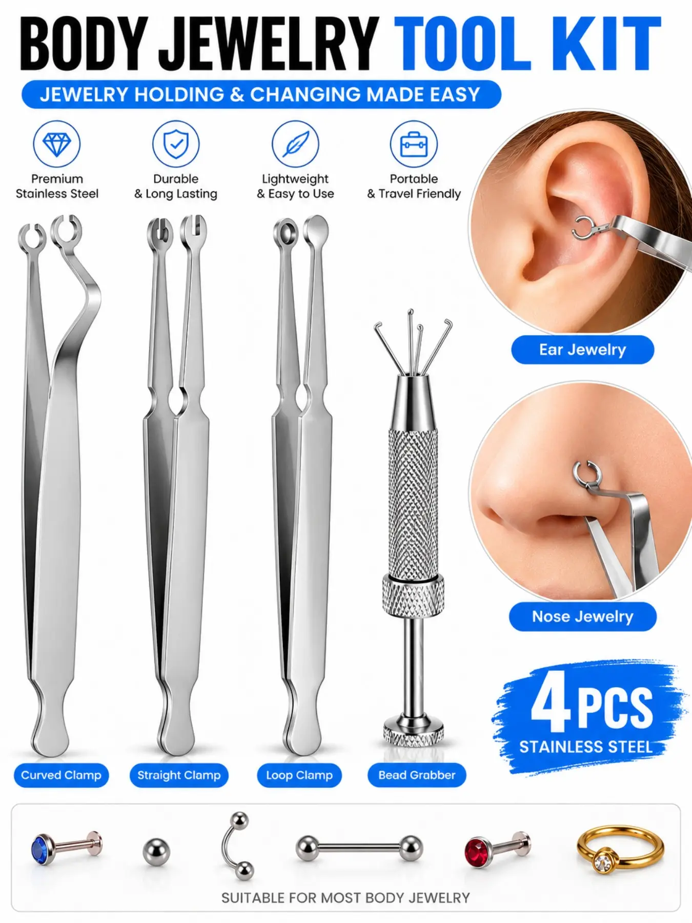 Stainless Steel Piercing Jewelry Tool Kit – Bead & Ball Grabber, Ring Opening Pliers and Precision Tweezers for Nose Rings, Earrings, Lip & Body Jewelry Repair and Changing Piercing Tools