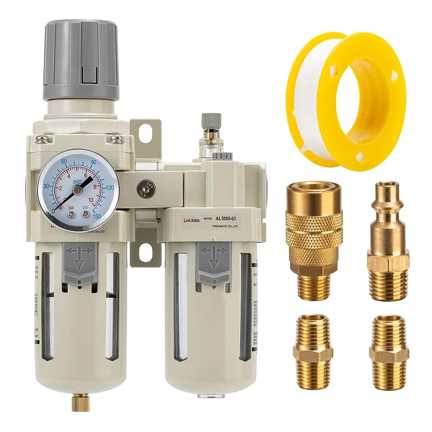 Air Compressor Filter Regulator Lubricator (FRL) Unit,Air Pressure Regulator with Pressure Gauge(0-150PSI),3/8” NPT Oil Water Separator,Semi-Auto Drain,Suitable for Pneumatic Systems