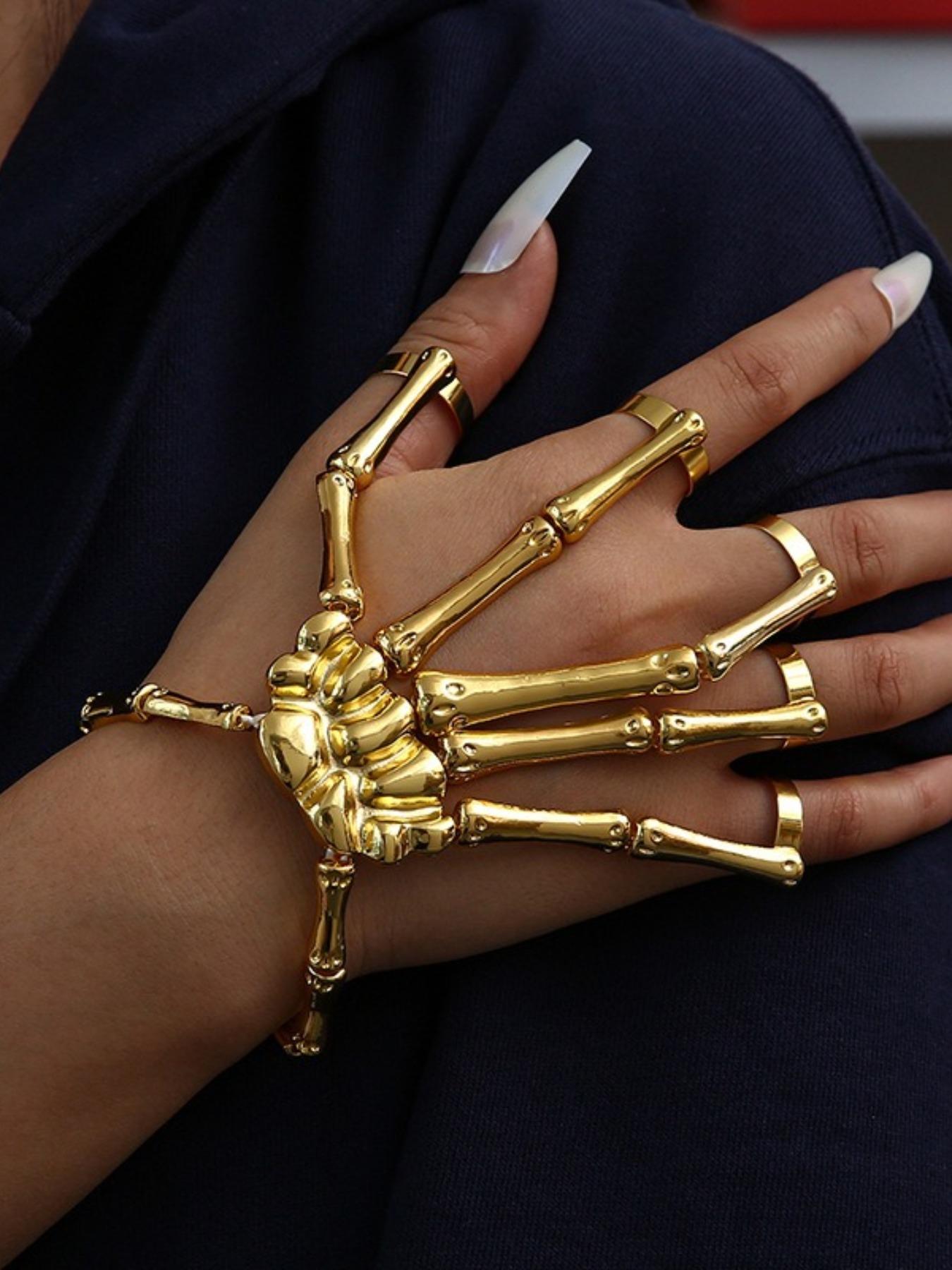 Punk Skeleton Hand Bone Design Bangle, Fashionable Hand Accessories for Women & Men, Adjustable Five Finger Ring Bracelet for Party, Daily Clothing Decor