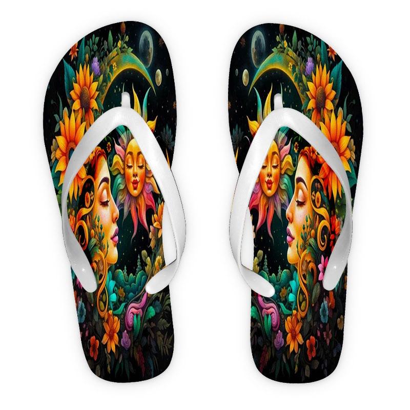 Women's Flip - Flops, Multiple Colors & Sizes Available, Floral Celestial Art Design, Comfortable Lightweight, for Daily Wear & Beach, Stylish Fashion Sandals for Ladies, Women Shoes