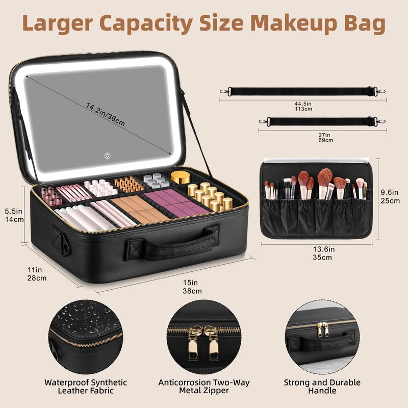 Viral Plus Size Travel Makeup Bag with Lighted Mirror  Waterproof Cosmetic Train Case with Three-color Light Adjustable Dividers Must-Have Organizer for Makeup Lovers Perfect Gift for Her