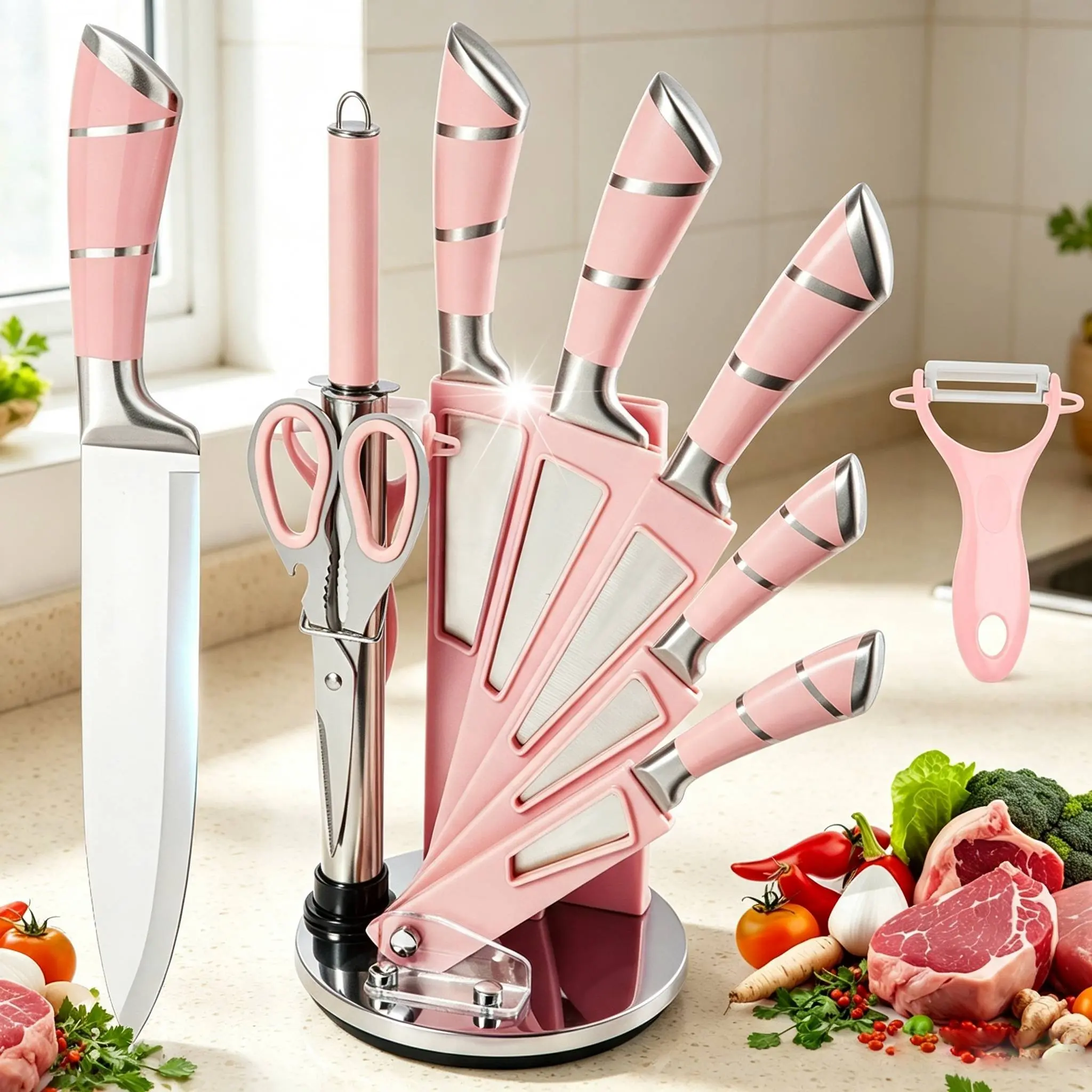 【BackToSchool】9pcs High Carbon Stainless Steel Kitchen Knives Set - Professional Chef, Bread, Cleaver, Paring, Utility Knives with Sturdy Handles, Thin Blade, Block, Scissors, Sharpener, Peeler - Ultra Sharp, Non-Stick, Multifunctional