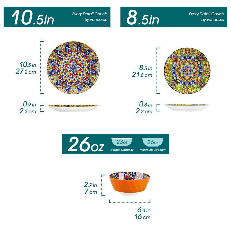 vancasso 12/16/18/24 Pieces Dinnerware Sets, Plates and Bowls Set, Porcelain Dishes Set for 4/6, Microwave and Dishwasher Safe, Scratch Resistant, Bohemian Style Dining Ware Service for 6, Series SIMI