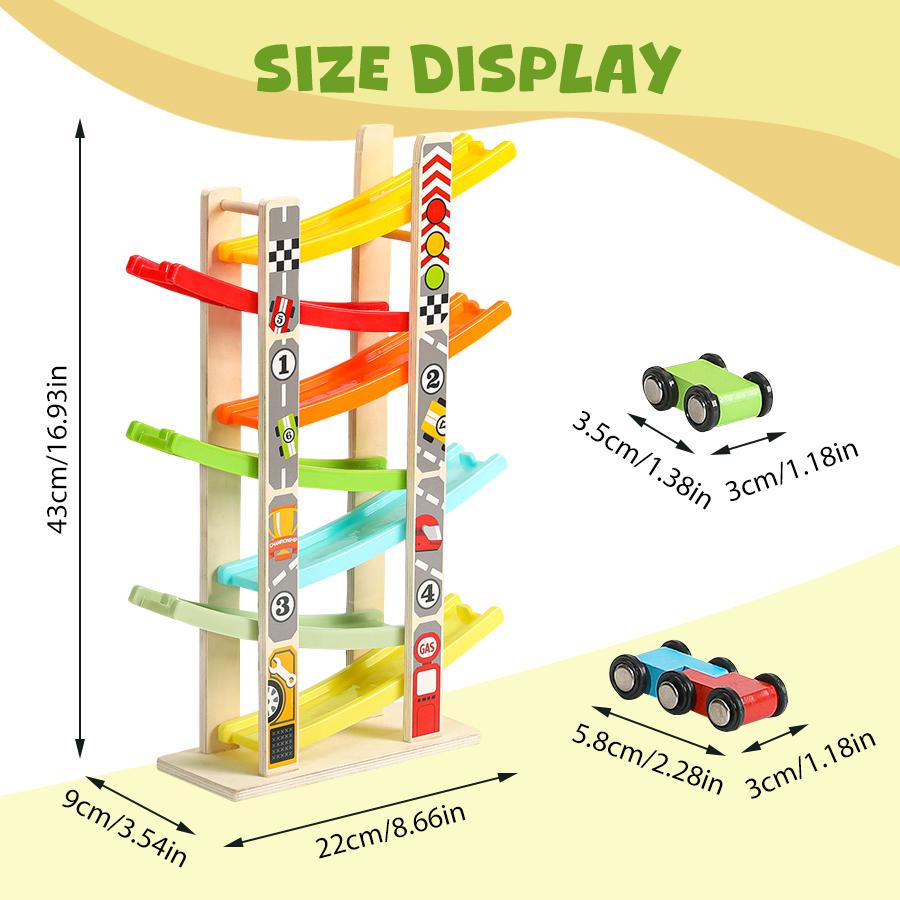 EDUTREE Toddler Toys Wooden Car Ramp Racer Toy Vehicle Set with 7 Tracks Mini Cars Race Tracks Montessori Inspired Gift for Boys Girls Play Playset Tricycle