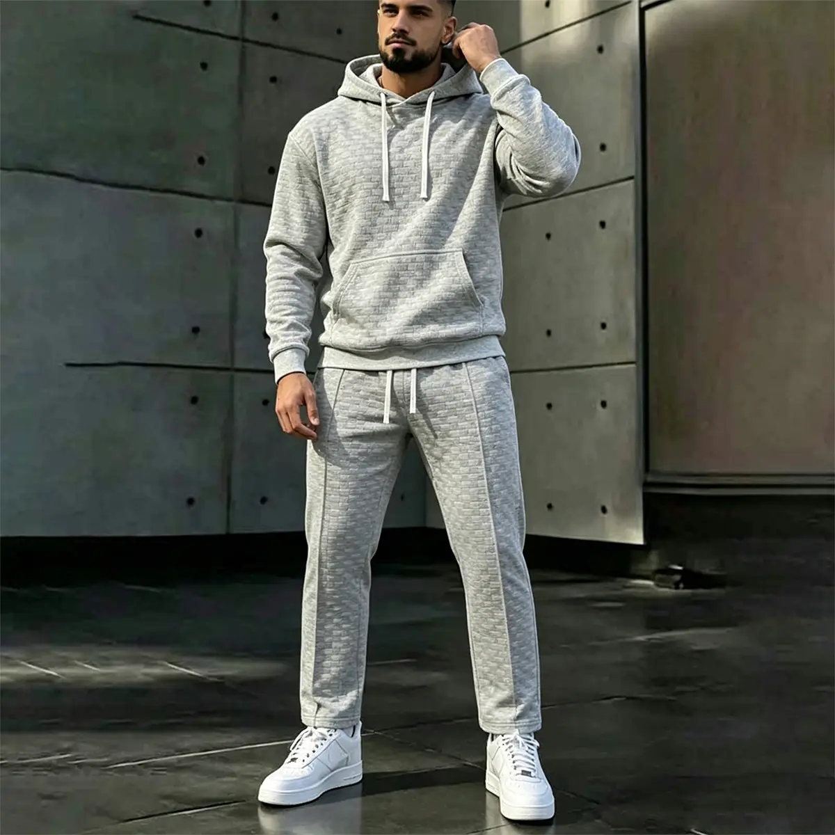 Three Dimensional Square Embossed Grey Men Two Piece Set Hooded Pocket Sweatshirt Drawstring Straight Ankle Pants Streetwear Matching Tracksuit Soft Casual Co Ord Outfit For Sports Travel Daily Hangout All Season Male Suit