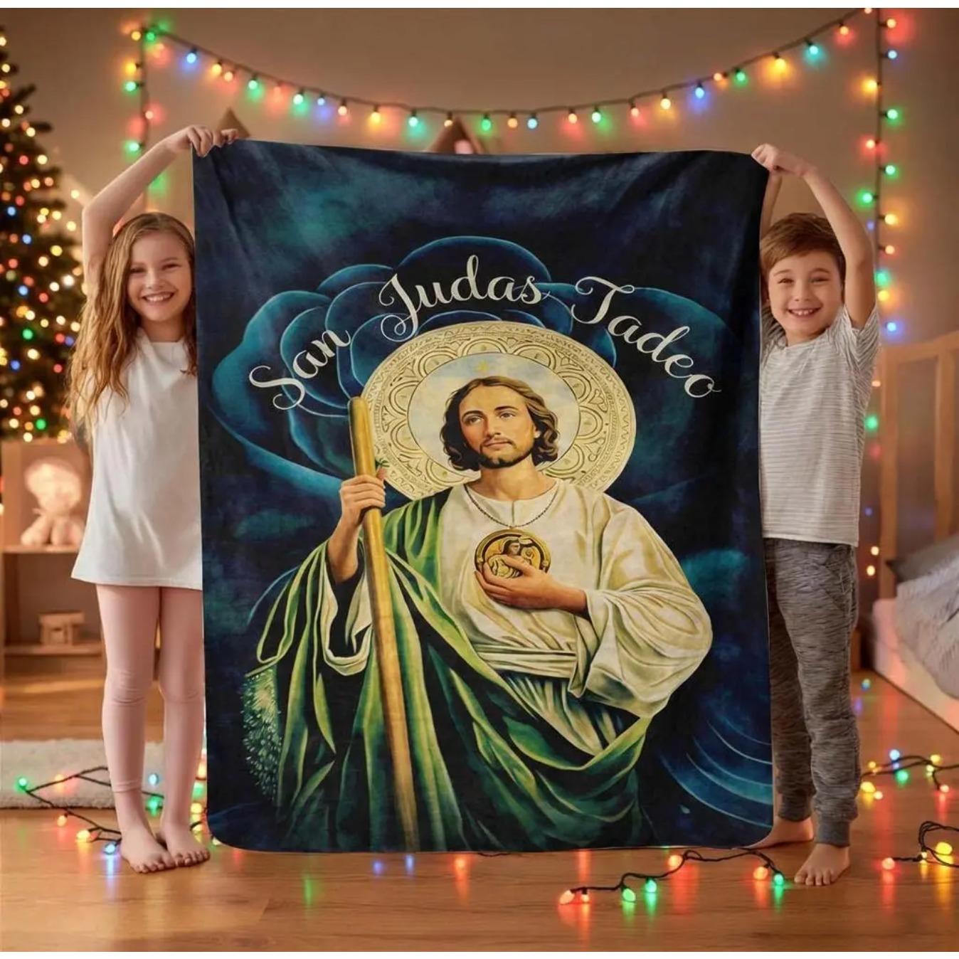 Blessed San Judas Tadeo Art Flannel Blanket Soft Fleece Throw Blanket for Bed Sofa Couch Cozy Warm Faith Inspired Religious Prayer Blanket Lounge Essential Home Decor Gift for Birthday Christmas Easter
