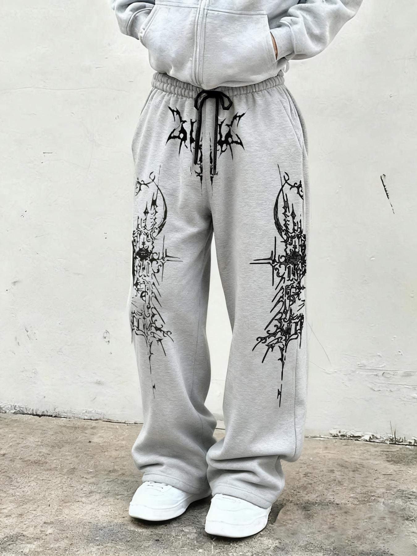 Printed Loose Sport Pants with Gothic Pattern, Drawstring Pants for Daily Wear and Home Leisure, Casual Fitted Geometric Style