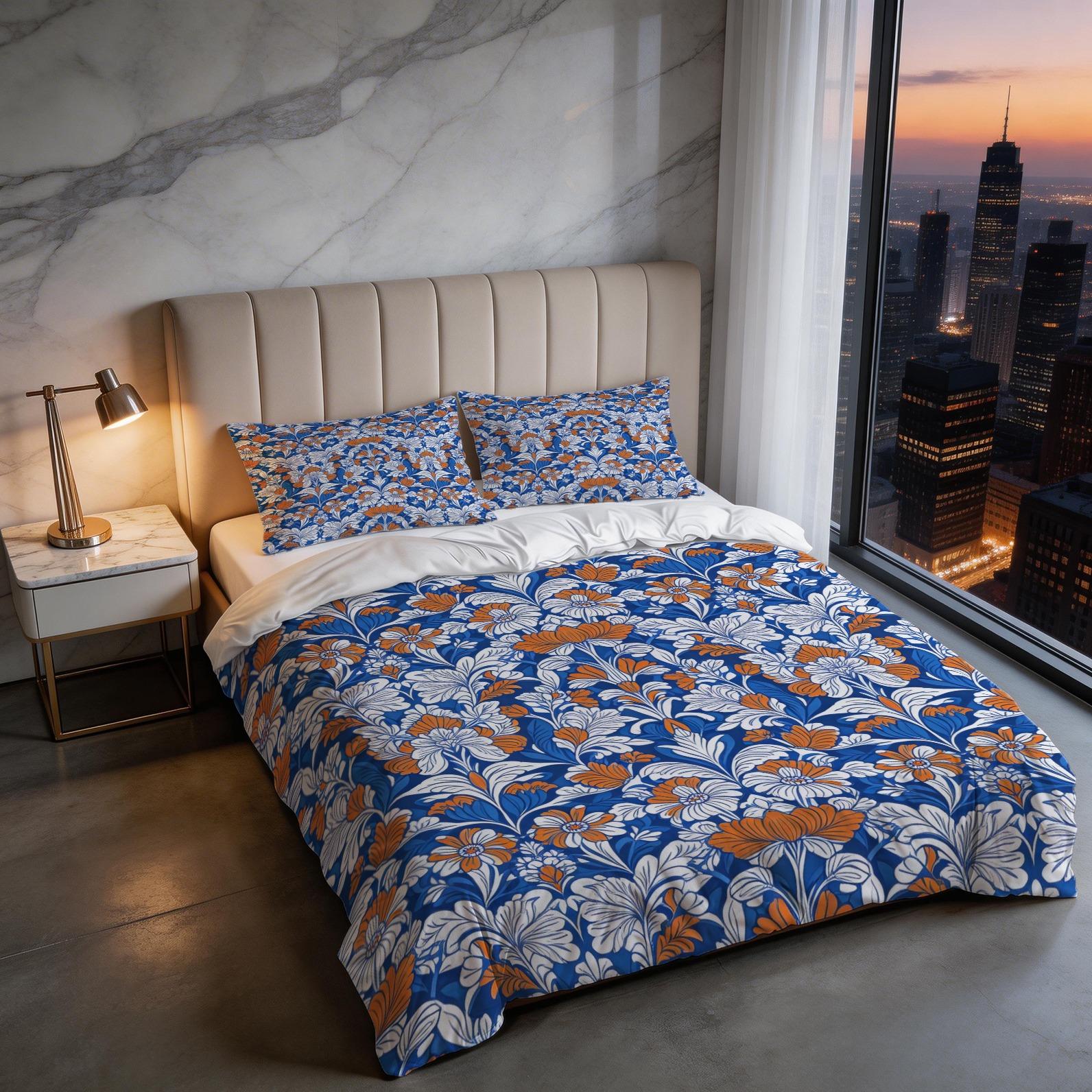 2/3 Piece Bohemian Blue Orange Floral Duvet Cover Set, HD Digital Printed Comforter Cover, Soft Breathable Bedding Set with Zipper & Corner Ties, No Inserts for Bedroom Decor