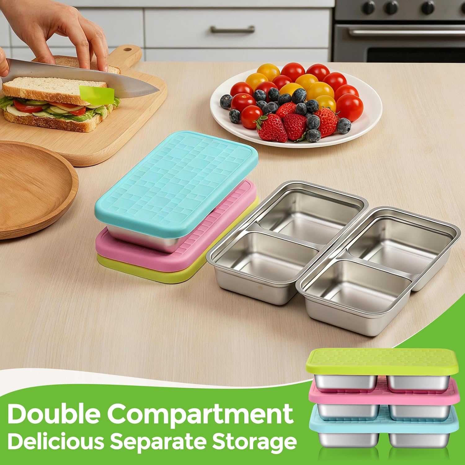 Stainless Steel Snack Containers, 3-Pack Double Compartment  Preservation Bento Box with  Leakproof , 15oz  Divided  Storage Containers for Lunch Prep, Travel, Camping