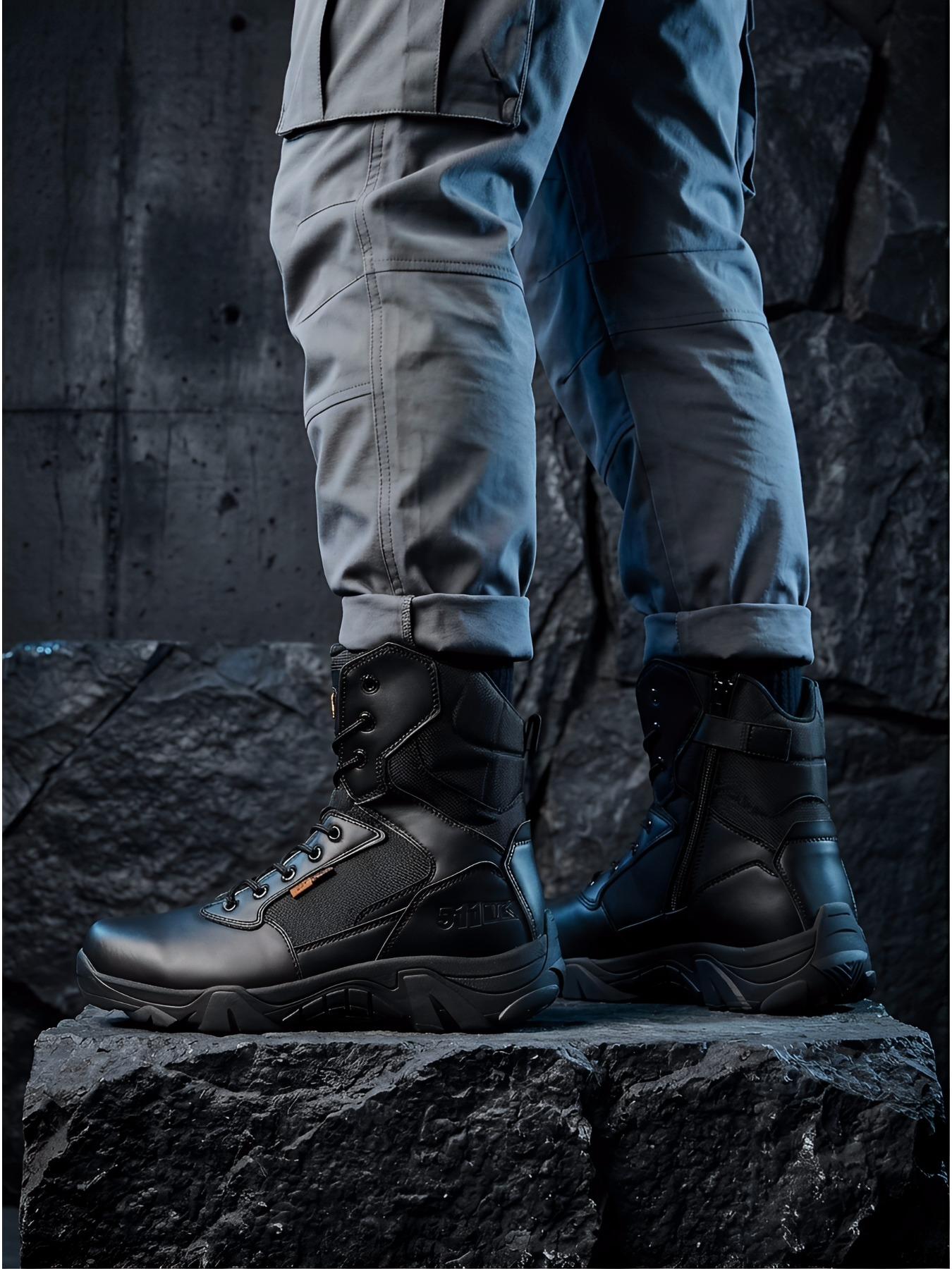 Men's Outdoor Thick-Soled High-Top Hiking Boots, Lightweight Comfortable Trekking Shoes, Side Zipper Lace-Up Men's Tactical Boots
