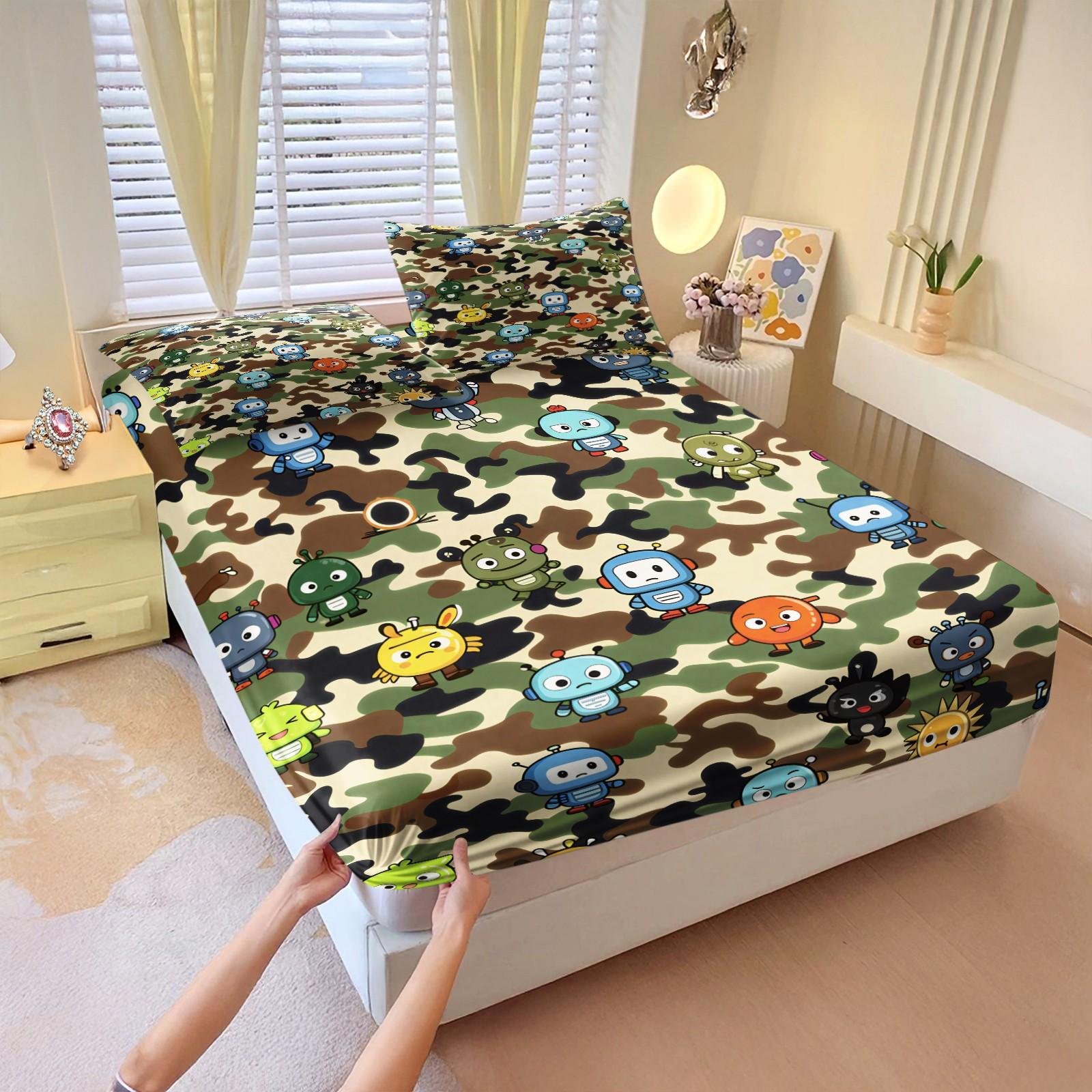 Hipster Elements Printed Bedspread 3-Piece Set With 2 Coreless Pillowcases, “A BATHING APE” Lettering and Ape Head, Soft and Comfortable Bedding