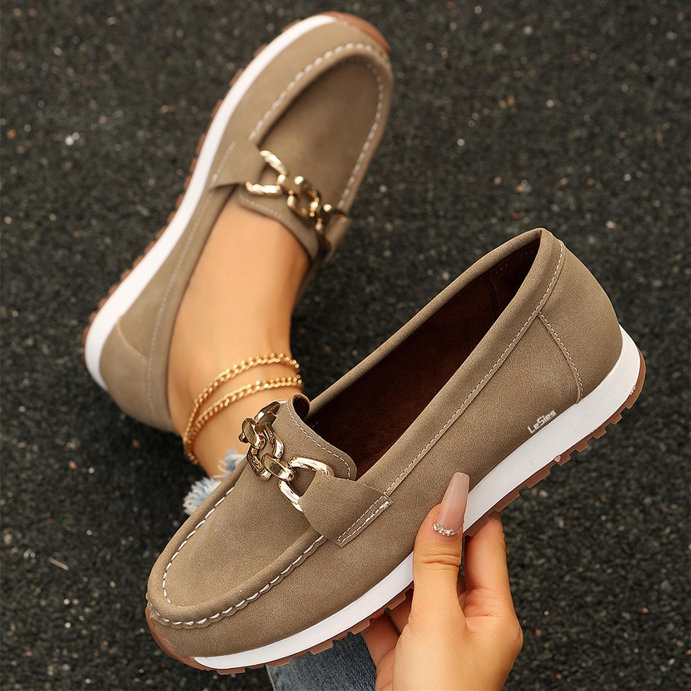 Women's Loafers Shoes with Chain, Round Retro Toe Comfortable Slip On Work