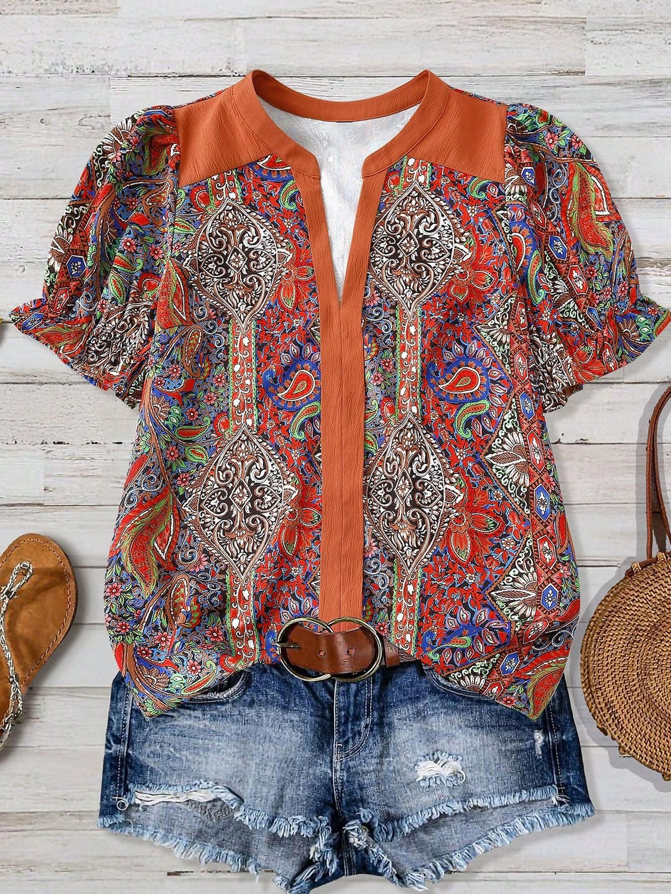 Plus Size Women's Vintage Patchwork Paisley Print V-Neck Chiffon Blouse, Shirts, Bubble Sleeve Loose Fit Short Sleeve, Boho Summer Top