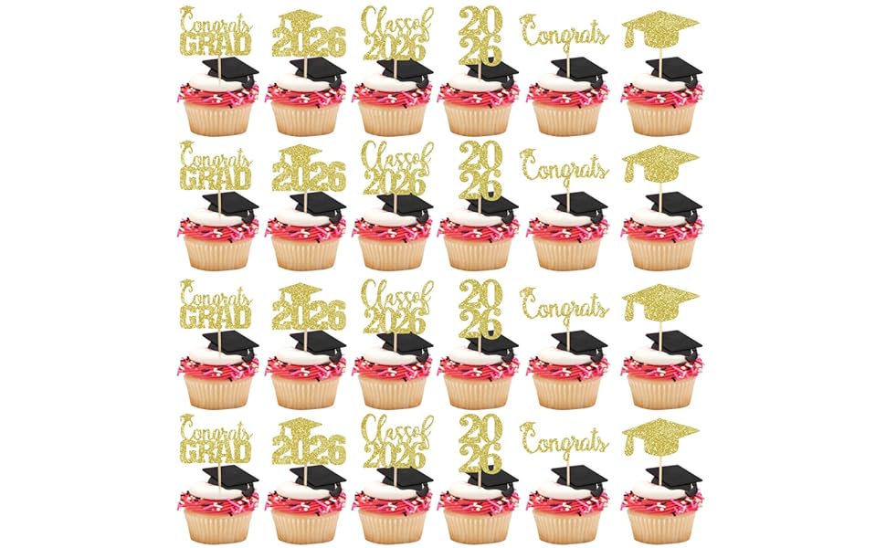 30Pcs Gold Glitter Graduation Cupcake Toppers 2026 Class Of 2026 Graduation Cupcake Toppers Picks 2026 for Gold 2026 Graduation Party Cake Decorations