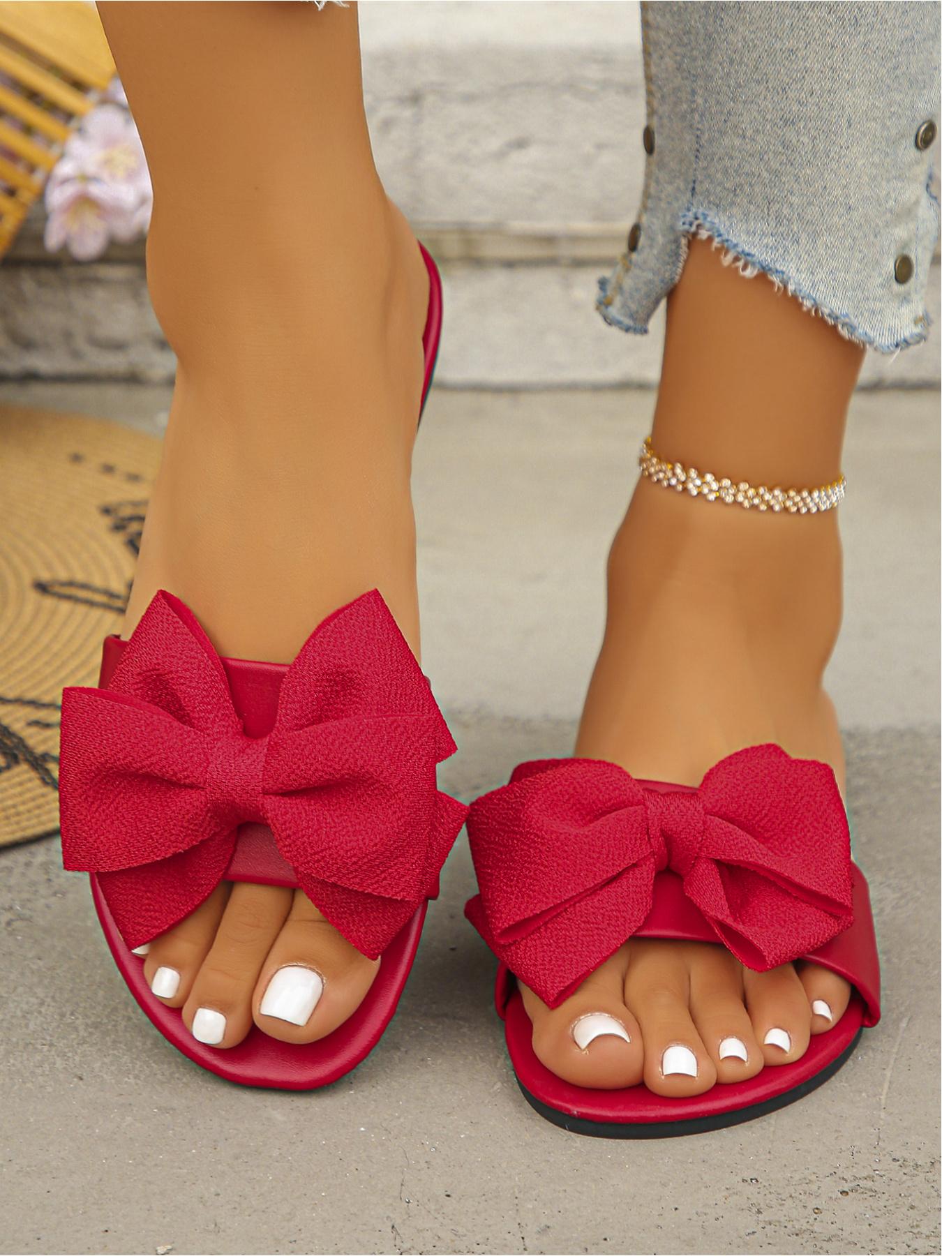 2026 Summer New Bow - decorated Flat Sandals, Multi - color (Green/Brown/Black/Yellow/Red/Orange/White) Square - toe Open - toe Soft - sole Women's Slides, Versatile for Daily Streetwear/Vacation/Home