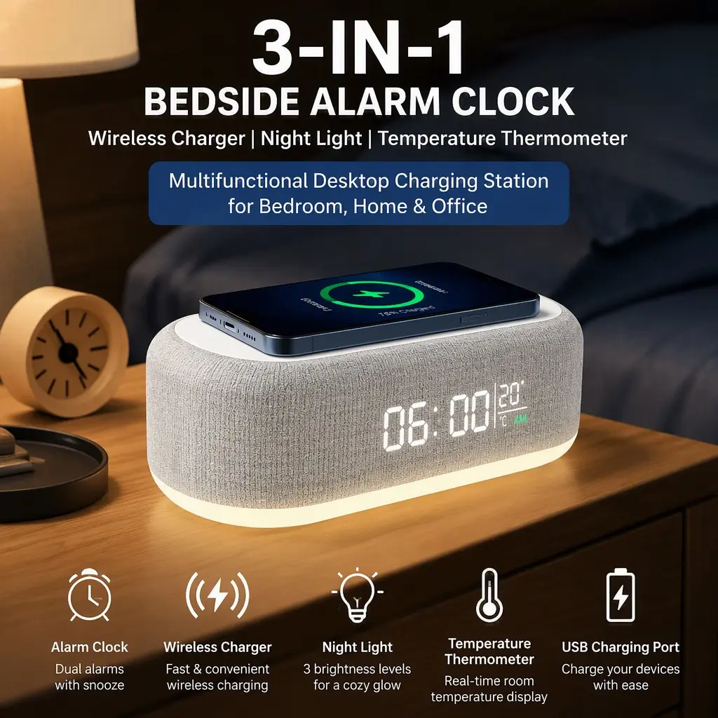 3‑in‑1 Wireless Charger Alarm Clock, Night Light with Thermometer, Multifunctional Bedside Desktop Charging Station