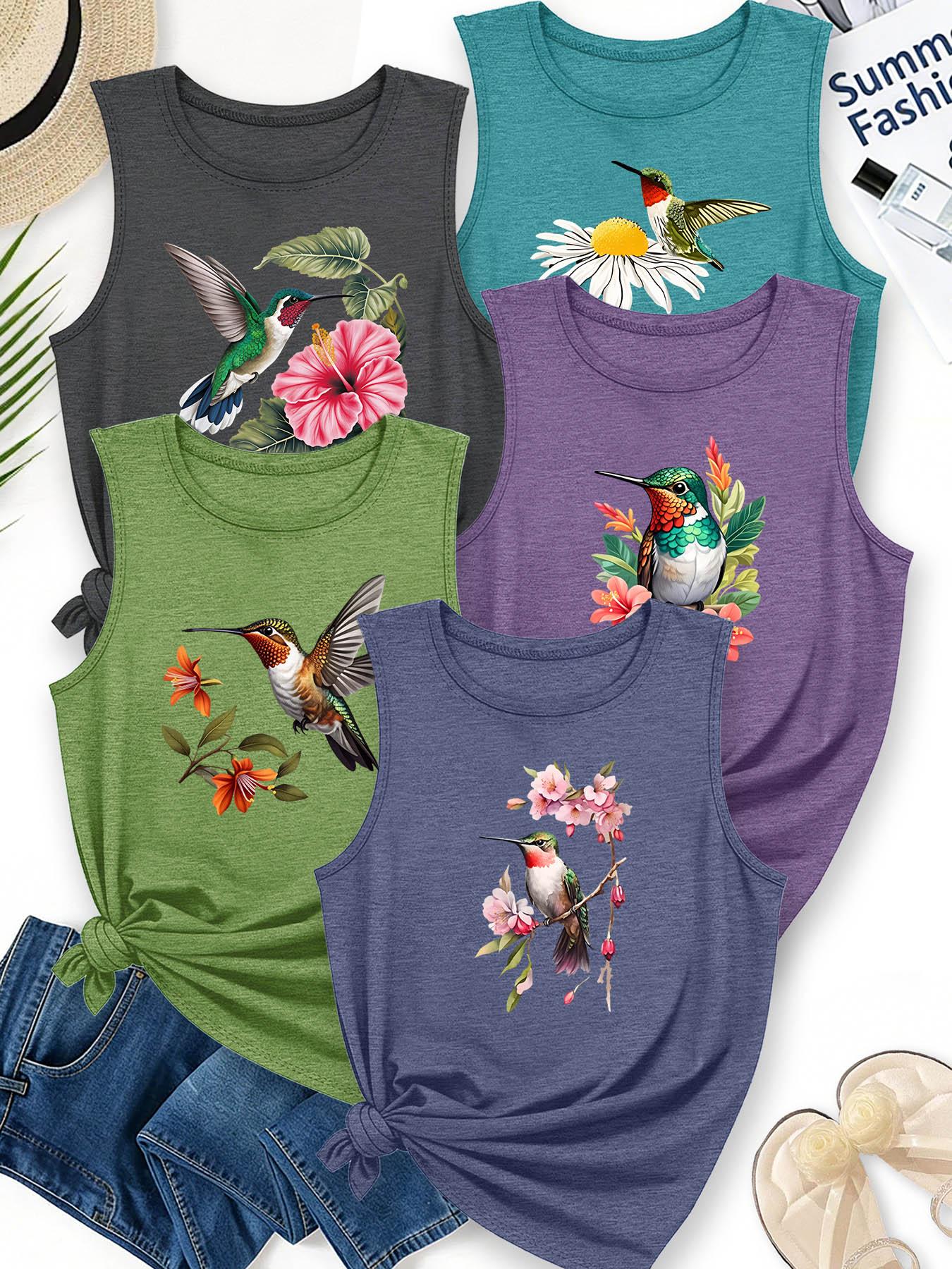 5PCS Women's Crew Neck Sleeveless Tank, Hummingbird & Floral Watercolor Print, Aesthetic, multi-color, washable, soft summer top